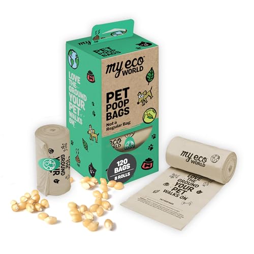Image of MyEcoWorld Compostable Pet Poop Bags - Made with Corn and Other Certified Compostable Materials - 120 Bags - 8 Roll - Extra Strong - Leak Proof - Unscented - Easy to Open