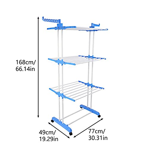 TOLUON Movable Clothes Drying Rack - 4 Castors, 3-Tier Clothes Horse Rack, Laundry Garment Dryer Stand with Two Side Wings for Home Use (Blue) - Image 7