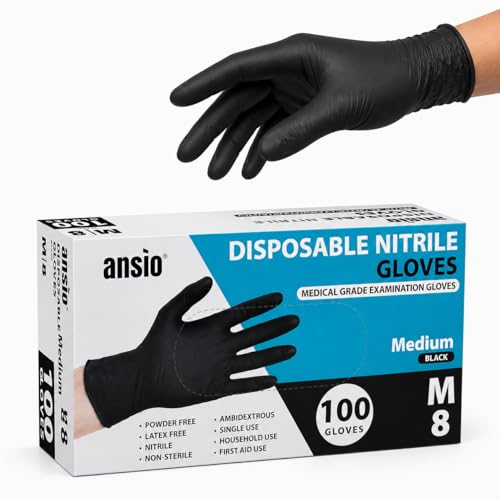 ANSIO Black Nitrile Gloves Medium 100 Disposable Gloves Powder Free Latex Free Medical Grade Examination Gloves Touchscreen Compatible Food Safe Gloves for Cleaning Food Prep Hair Dye & DIY