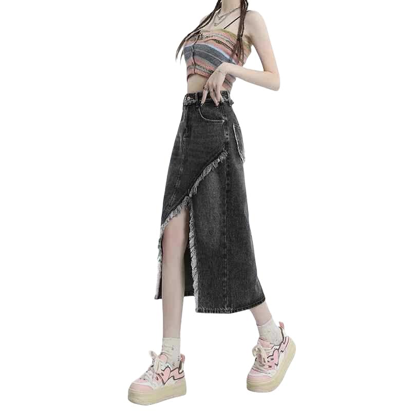 HETOSPL Falda Vaquera Corte A para Mujer, con Abertura Irregular, Lavada,shilachada, Elástica, Midi, Y2K, Cintura Alta, Estilo Vintage,sgastada, Hlaf, con Bolsillos, Gris, Talla S