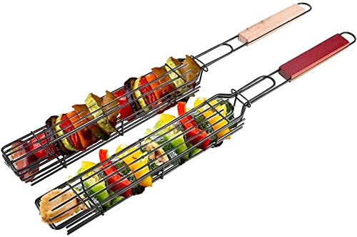 Non-Stick Kabob Grilling Baskets, 2Pcs Single Kabob Baskets Smoker Tube Kebab Grilling Rack BBQ Roast Fish Grilling Basket with Wooden Handle for Vegetable Shrimp Seafood, 19.3inch