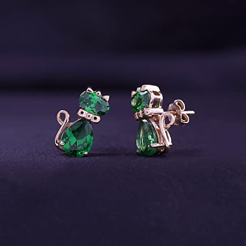 Mother's Day Jewelry Gift Pear & Oval Shape Simulated Emerald Cute Animal Kitty Cat Stud Earrings In 14K Rose Gold Over Sterling Silver #TOP2