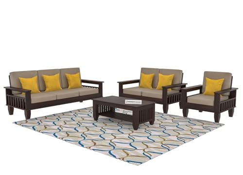 Image of Sheesham Wooden 6 Seater Sofa for Living Room | Rosewood 6 Seater Cushion Sofa with Side Newspaper Holder for Home & Office | Solid Wood Sofa Set for Lounge (-Walnut,3+2+1 Seater)