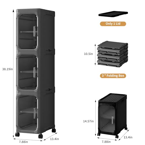 Image of 3-Tier Narrow Slim Bathroom Storage Cabinet with Wheels, Black | Tool Free Assembly, Adjustable shelves, Lockable Wheels, Magnetic Clear Door, Fits for Narrow Spaces