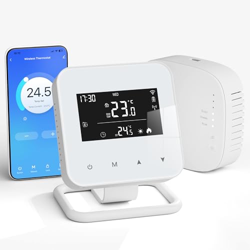Beok Thermostat sans Fil programmable quotidiennement avec récepteur,Tuya Thermostat Connecté WiFi pour chaudière Compatible avec Alexa et Google Home Alimentation par Piles o USB