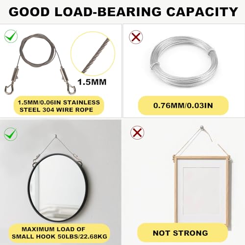 Image of Adjustable Picture Hanging Wire Kit, Supports up to 50lbs Include 4pcs Picture Hanging Wire Hanger Hardware & 8 D Rings & 16 Screws, for Art Pictures Mirrors Billboards Frame Canvas