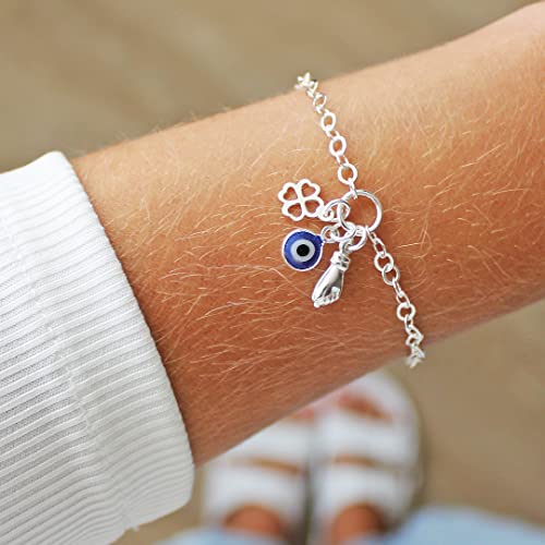 Conjunto Colar e Pulseira Patuá Olho Grego Azul Escuro, Figa e Trevo Prata 925