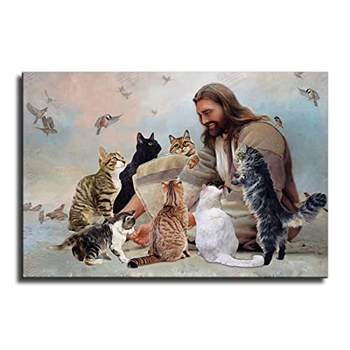 Store Jesus Christian God Surrounded By Cats Angels For People Canvas Art Poster Office Office Poster Picture Wall Art Premium Clearance Decoration Living Room Bedroom Decoration (24X36Inch-Framed) #TOP1