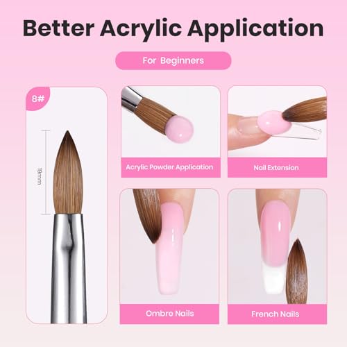 Image of Beetles Acrylic Nail Brush Kolinsky Hair Bristles Round Shaped Metal Handle Nail Art Brushes for Acrylic Powder Manicure Extension DIY at Home Manicure Tool - Size 8