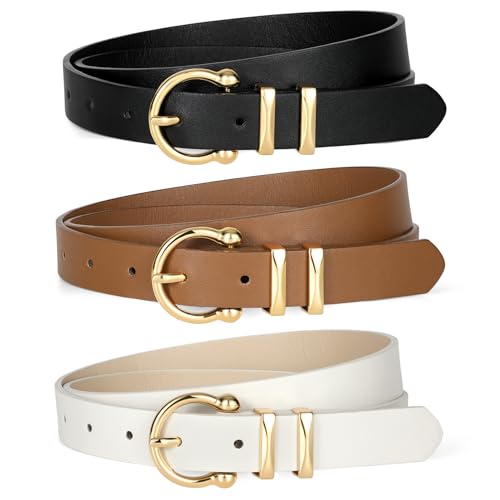KASBAH 3 Pack Women's Leather Belts For Jeans Dresses Ladies Belt For Pants With Gold Buckle Casual Work Wear Belt