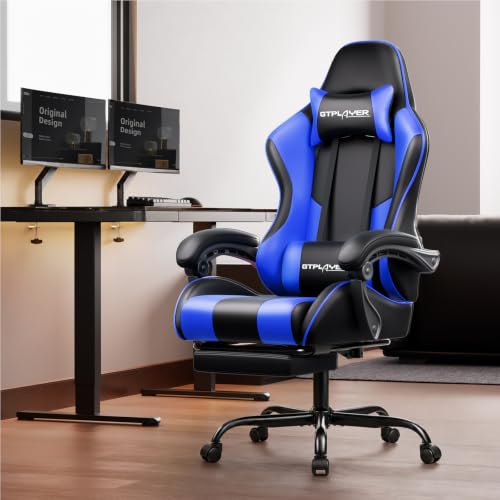 Image of GTPLAYER Gaming Chair, Computer Chair with Footrest and Lumbar Support, Height Adjustable Game Chair with 360-Swivel Seat and Headrest and for Office or Gaming (Faux Leather, Blue)