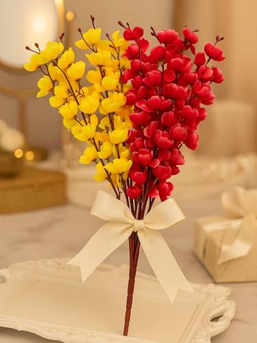 Image of ARTSY Artificial Flowers Bunch for Decoration Cherry Blossom, Ideal for vase, Home, Office Decor, Gifts, Craft, Artificial Plants for Decoration, Without vase, Yellow Maroon, Combo, 2 Pieces