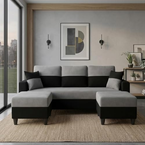 Image of Cavo 5 Seater L Shape Sofa Set with 2 Movable Ottomans | Flexible Layout | Luxury Velvet Suede Fabric | Modern Living Room Sofa | Black-Light Grey