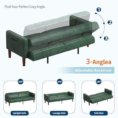 Image of GarveeHome Futon Sofa Bed, 75-Inch Modern Faux Leather Convertible Couch, Mid-Century Loveseat for Small Space, Living Room, Bedroom, Green