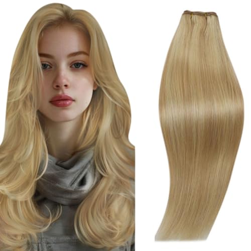 RUNATURE Weft Hair Extensions Real Human Hair 18 Inch Honey Blonde with Medium Blonde Sew in Hair Extensions Double Weft Hair 100g/Pack #P16/24