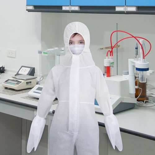 VALICLUD Einweg-Overall für Kinder, mit elastischen Handgelenken, Knöcheln und Kapuze, Nicht porös, Staublüftung, Weiß, mit Handschuh und Schuhabdeckung