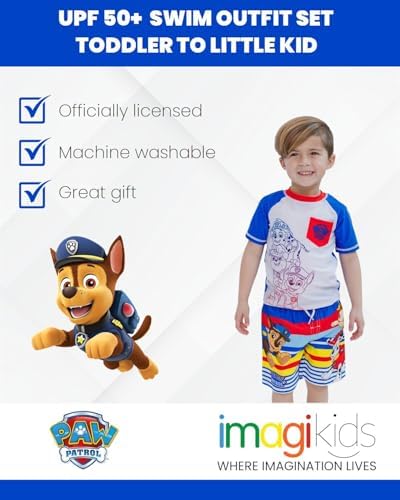 Paw Patrol UPF 50+ Rash Guard Swim Trunks Outfit Set Toddler to Little Kid Sizes (2T - 7)