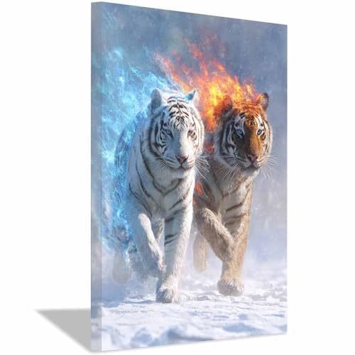Tableau sur Toile Tigre de glace et de feu 70x100cm encadré pour décoration salon