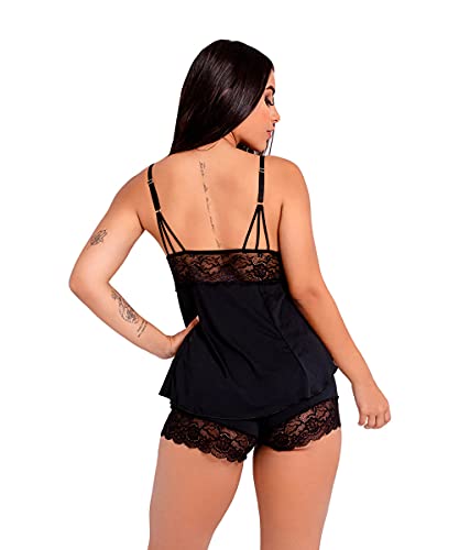 Pijama Short Doll Baby Doll IMI Lingerie Microfibra E Renda Cor:Preto;Tamanho:M
