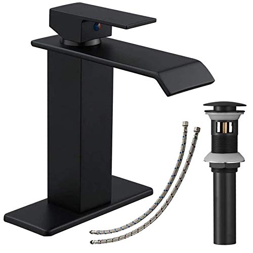 BATHLAVISH Black Waterfall Bathroom Faucet, Single Handle Bathroom Sink Faucet 1 Hole, Matte Black, Lead-Free Brass, with Pop Up Drain with Overflow BATHLAVISH Black Waterfall Bathroom Faucet, Single Handle Bathroom Sink Faucet 1 Hole, Matte Black, Lead-Free Brass, with Pop Up Drain with Overflow