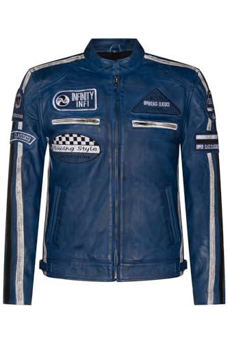 Mens Blue Leather Biker Badges Racing Moto Jacket S