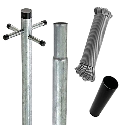FB FunkyBuys® Heavy Duty 2.4m Silver Grey Clothes Pole Galvanized Post Washing Line with Adjustable Ground Socket (1x)
