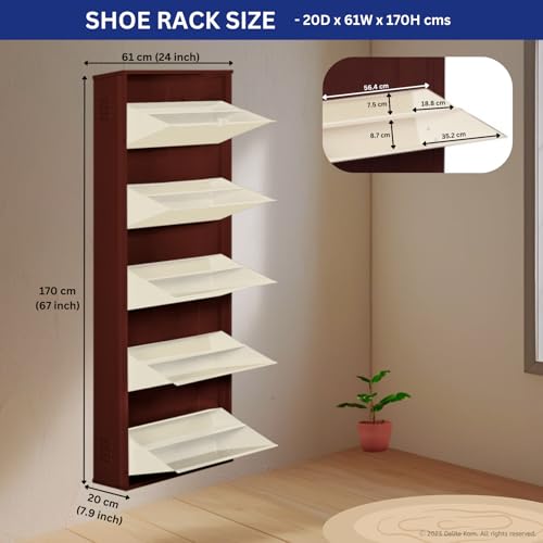 Image of DELITE KOM 24 inch Wide, 10 Shelf Metal Shoe Rack Wall Mounted for Home with Central Lock Holds Upto 30 Shoes or 50 Slippers Pair | Double Decker, 1 Yr Warranty, (67x24x8, Coffee Ivory), DIY, Space Saver