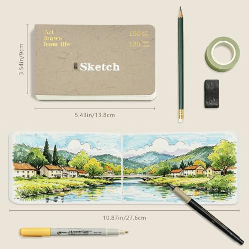 Hardcover Pocket Sketchbook, 3.5" x 5.4" Mini Small Travel Drawing Journal, 92lb/150gsm Heavyweight Paper, 120 Pages Blank Sketch Book for Adults Artists Mixed Media, Ideal Gift,Light Khaki - Image 2