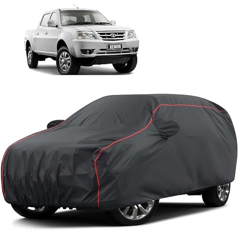 Image of Sulfar 100% Water Resistant Car Body Cover Compatible with Mirror for Tata Xenon (Triple Stitched, Full Bottom Elastic, Dark Grey Taffeta with Red Piping)