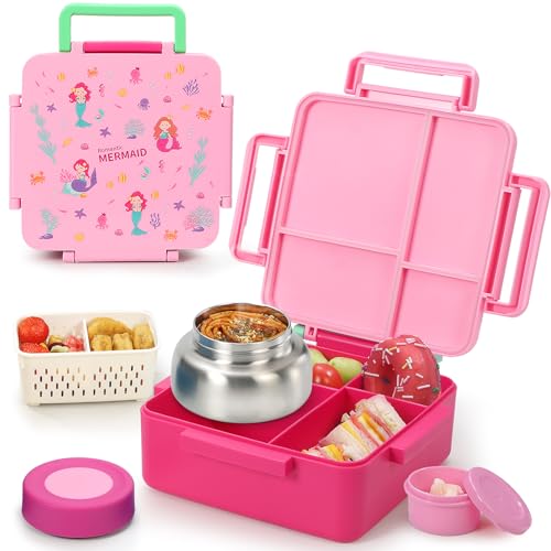 Norxely Bento Box for Kids with Thermos, [Large Capacity] Insulated Kids Lunch Box with 4 Compartment for Ages 3+, Drop-Proof & Dishwasher Safe Lunchbox Container Pink