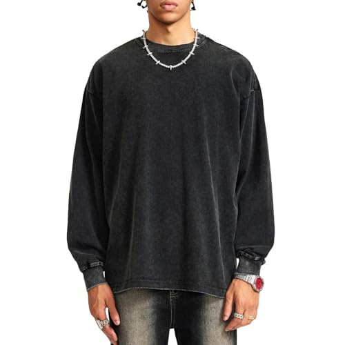 Bobeutou Vintage Oversized Crew Neck Sweatshirt for Men Long Sleeve Tshirt Basic Solid Color Tee Acid Wash Shirt Pullover Top