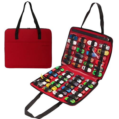 JOYMOMO Toy Car Organizer Carrying Case Compatible with Matchbox Cars, Portable Carrying Container Carrier Holder Fit for 52 Toy Car Storage (Toy Cars Not Included) (52 Slots Red)