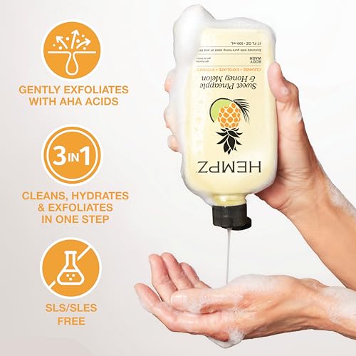 Image of Hempz Body Wash - Sweet Pineapple & Honey Melon - Hydrating for Sensitive Skin, Scented, Exfoliating with Shea Butter, Pure Hemp Seed Oil, and Algae for Sensitive Skin - 17 fl oz