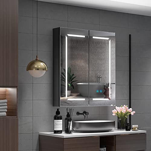 Quavikey® Badkamerspiegelkast met ledlicht en scheerstopcontact, 2 deuren, zwarte spiegelkast, slaapkamer, muur met plank, instelbare kleurtemperatuur en anti-condens, 60 cm breedte - Afbeelding 5