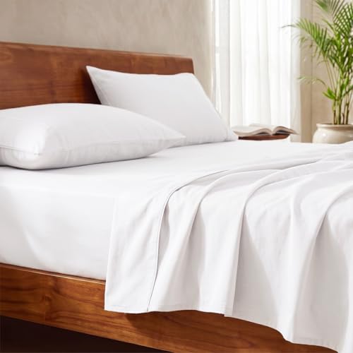 Image of LANE LINEN 100% Organic Cotton Fitted Bedsheet for Double Bed - White | GOTS Certified, Percale Weave, 78x60 inches, Fits Upto 12 inch Mattress, Soft, Breathable, Washable, 2 Pillow Covers