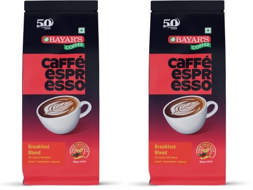 Image of Bayar's Coffee Caffe Espresso Breakfast Blend 100% Coffee Beans (500g) | Authentic Blend with 70% Arabica & 30% Robusta | Freshly Roasted for Rich Aroma | Ideal for French Press & Espresso (Pack of 2)