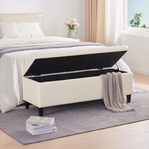 Image of HUIMO Faux Leather Storage Ottoman Bench 50.3 inch Extra Long Upholstered Bedroom Bench with Large Storage Space for The Living Room, Entryway, Bedroom Hold Up to 300lbs (Cream)