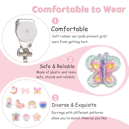 Deepton 10 Paar Klipp Ohrringe Kinder Mädchen, Ohrclips Mädchen, Ohrklipser Kinder, Clip Ohrringe Mädchen, Magnet Ohrklipser Einhorn-Blumen-Prinzessin-Ohrring Set