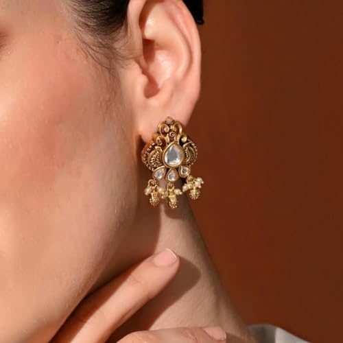 Image of Sayda JewelsGold Plated Antique Traditional Jhumka Earring Indian ethnic Temple design studs Chandbali Style Bridal, Wedding & Festive Jewellery For Women & Girls