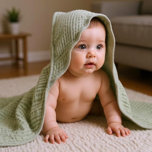 Image of VitalCozy 8 Pcs Baby Muslin Hooded Bath Towels and Washcloths, Muslin Hooded Baby Towels Absorbent Blankets for Gift Newborn Infant Shower (Cream Color)