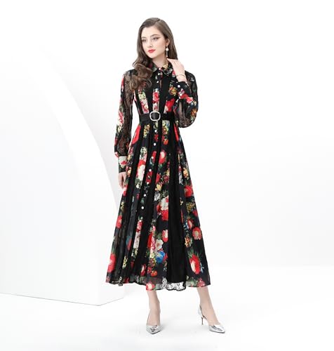 LAI MENG FIVE CATS Women's Floral Print Lace Dress Puff Sleeve Collar Neck Maxi Dresses3