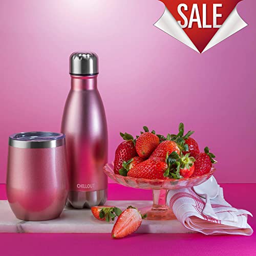 CHILLOUT LIFE Stainless Steel Stemless Wine Glass Tumbler 2 Pack Rose Gold 12 oz | Double Wall Vacuum Insulated Wine Tumbler with Lids Set of Two for Coffee, Wine, Cocktails, Ice Cream