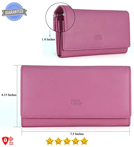 Image of Women's Top Grain Leather Wallet, RFID Blocking Bifold clutch, 17 Card Slots, Zip Pocket Organizer, Elegant Gift for Women - Birthday, Valentine, Anniversary - PINK