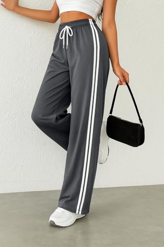 Image of SAKHWALA Women Track Pant | Women's Wide Leg Track Pants High Waist Drawstring Sweatpants with Side Stripes, Casual Loose Fit Lounge Joggers, Dark Grey