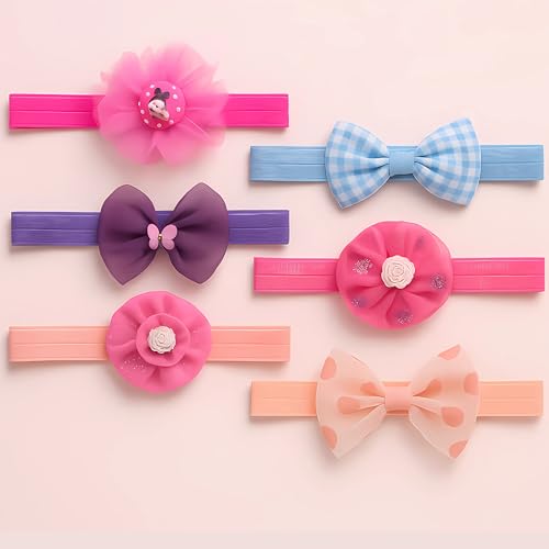 Image of 6 pcs Baby Girls Nylon Headbands Turban Hair Bows Hair Band Elastic Hair Accessories for Kids Toddlers Infants Newborn