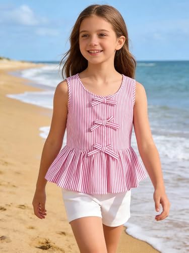 Image of Girls Bowknot Tank Tops Sleeveless Striped Shirts Cotton Peplum Babydoll Top