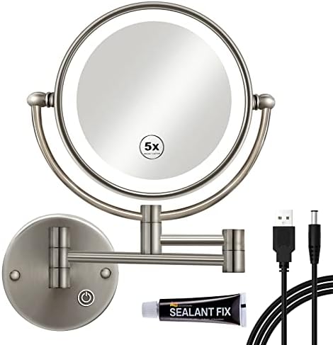 RECKODOR 8" Brass Lighted Magnifying Mirror Wall Mounted, 1X/5X Double-Sided Bathroom Personal Makeup Mirror with Light, Touch Dimmable, No Pre-Installed Wire and USB Rechargeable, Brushed Nickel