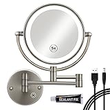 RECKODOR 8" Brass Lighted Magnifying Mirror Wall Mounted, 1X/5X Double-Sided Bathroom Personal Makeu