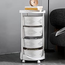 Round Rotating Storage Shelf 4-Tier Kitchen Rack Organizer Household Floor-Standing Vegetables Basket Rack with Lockable Casters for Kitchen, Living Room, White