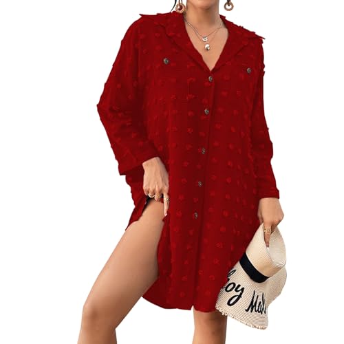 Baynetin Vestido con Botón Mujer Verano Camisas Mujer Largos Traje de Playa Casual Blusa de Cuello en V Manga Larga Traje de Baño Bikini Cover Up de Botones (Burdeos)